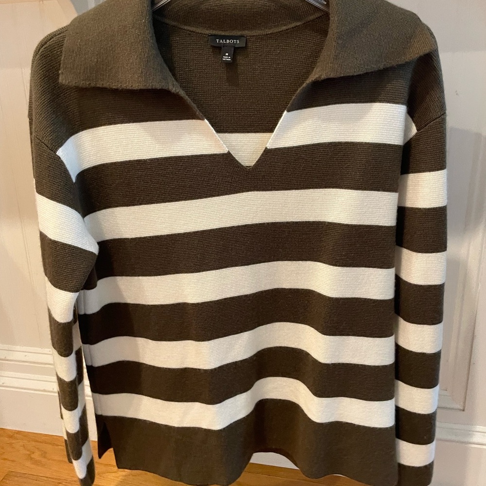 Talbots Hunter Green and White Striped Sweater